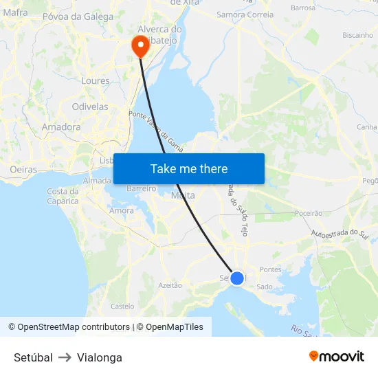Setúbal to Vialonga map