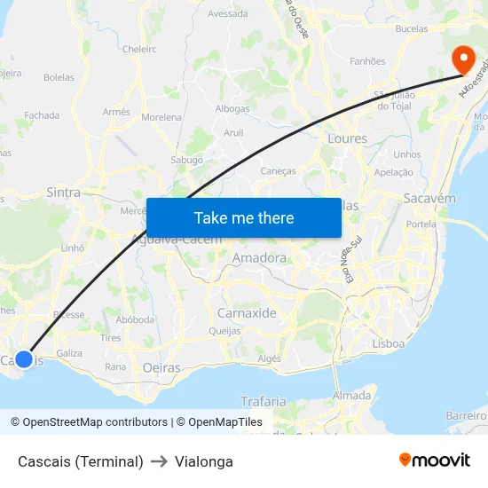 Cascais (Terminal) to Vialonga map