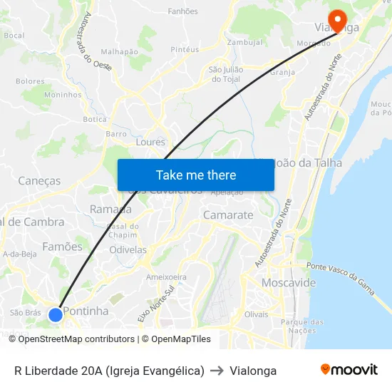 R Liberdade 20A (Igreja Evangélica) to Vialonga map