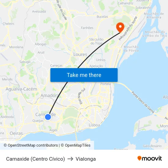 Carnaxide (Centro Cívico) to Vialonga map