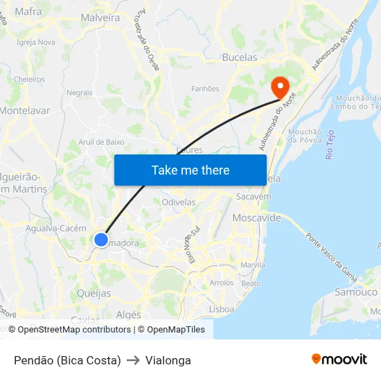 Pendão (Bica Costa) to Vialonga map