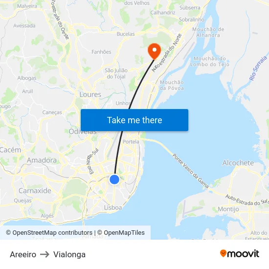 Areeiro to Vialonga map