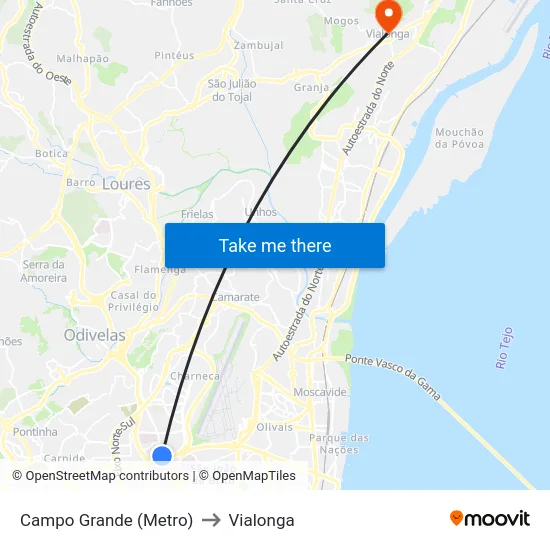 Campo Grande (Metro) to Vialonga map