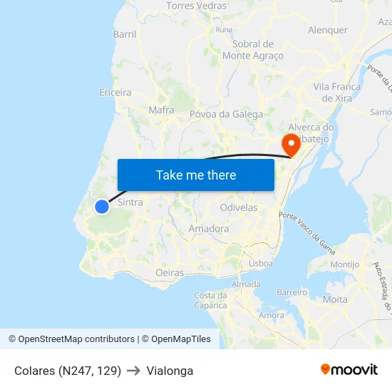 Colares (N247, 129) to Vialonga map