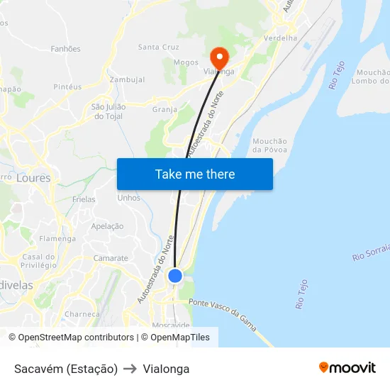 Sacavém (Estação) to Vialonga map