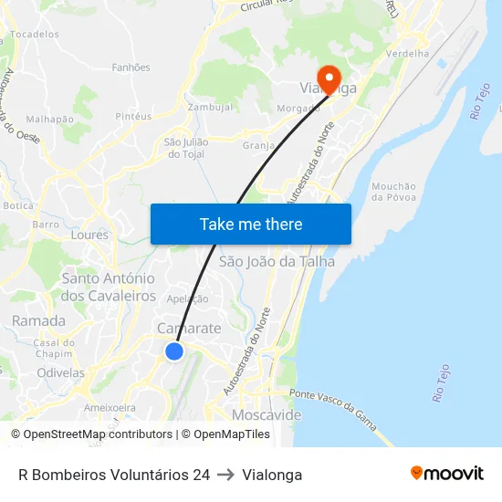 R Bombeiros Voluntários 24 to Vialonga map