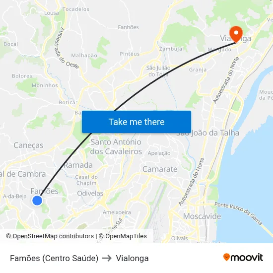 Famões (Centro Saúde) to Vialonga map