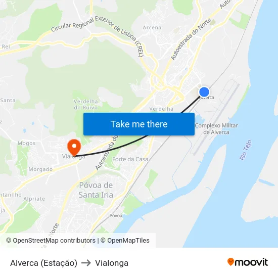 Alverca (Estação) to Vialonga map