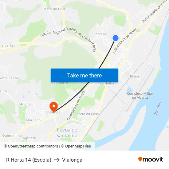 R Horta 14 (Escola) to Vialonga map