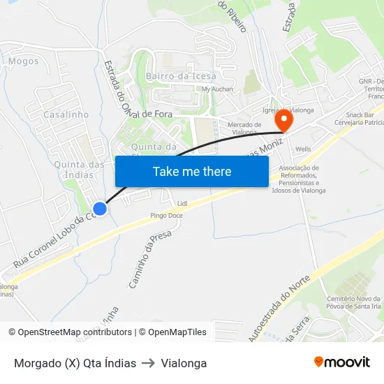 Morgado (X) Qta Índias to Vialonga map
