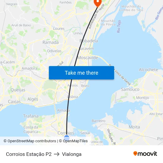 Corroios Estação P2 to Vialonga map