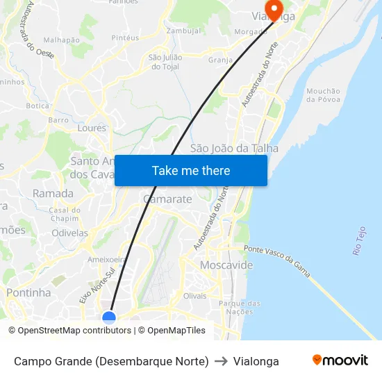 Campo Grande (Desembarque Norte) to Vialonga map