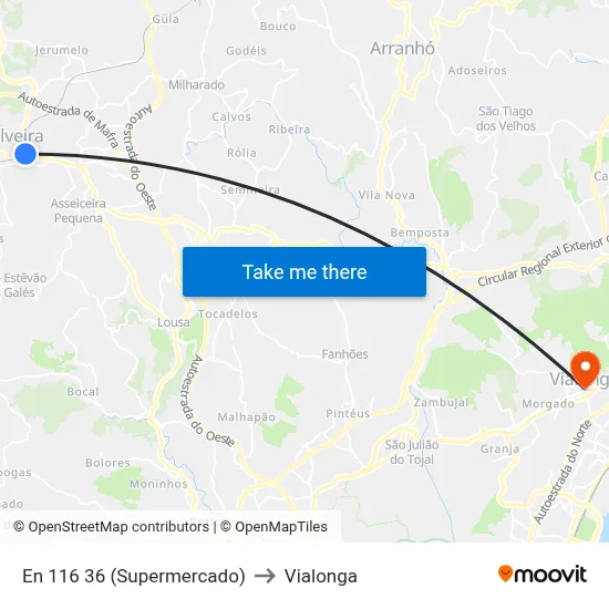 En 116 36 (Supermercado) to Vialonga map