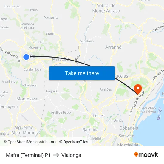 Mafra (Terminal) P1 to Vialonga map