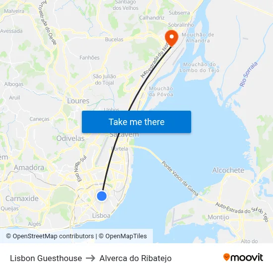 Lisbon Guesthouse to Alverca do Ribatejo map