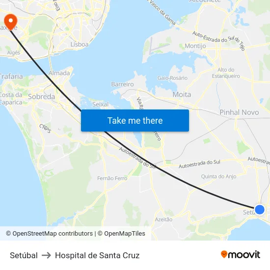 Setúbal to Hospital de Santa Cruz map