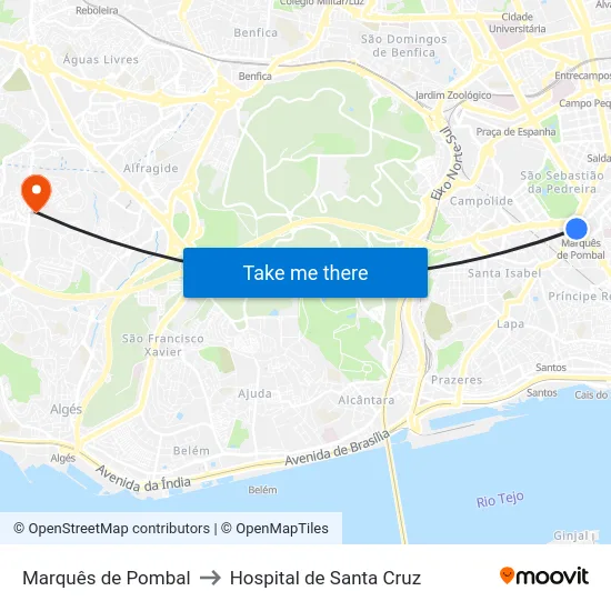 Marquês de Pombal to Hospital de Santa Cruz map