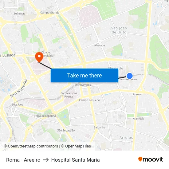 Roma - Areeiro to Hospital Santa Maria map