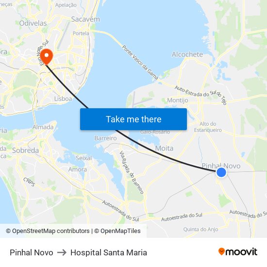 Pinhal Novo to Hospital Santa Maria map