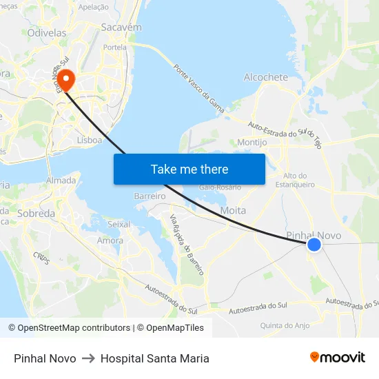 Pinhal Novo to Hospital Santa Maria map