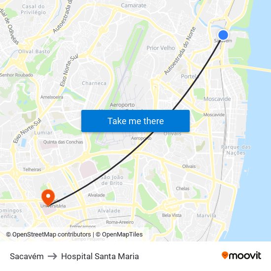 Sacavém to Hospital Santa Maria map