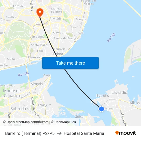 Barreiro (Terminal) P2/P5 to Hospital Santa Maria map