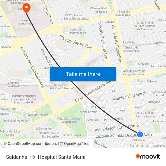 Saldanha to Hospital Santa Maria map