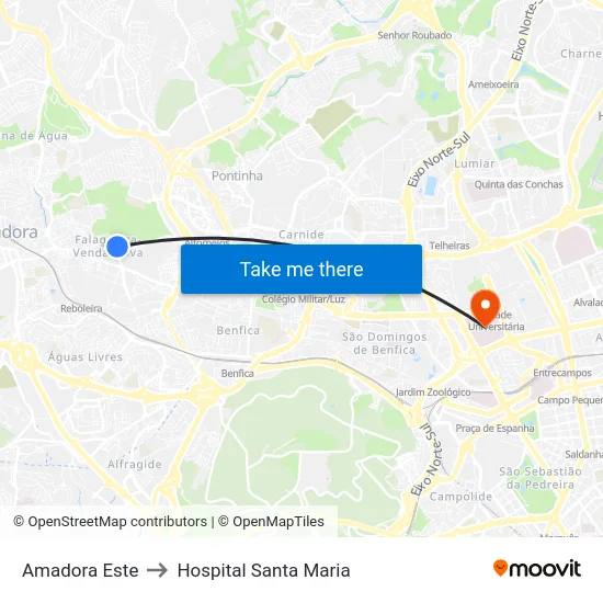 Amadora Este to Hospital Santa Maria map