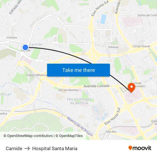 Carnide to Hospital Santa Maria map