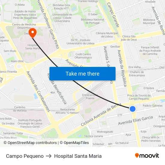 Campo Pequeno to Hospital Santa Maria map