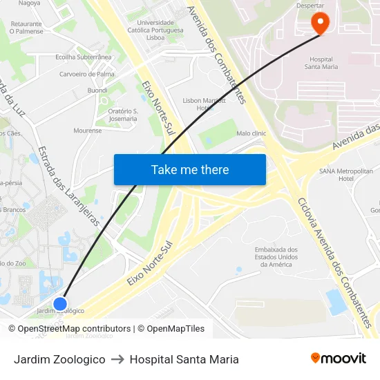 Jardim Zoológico to Hospital Santa Maria map