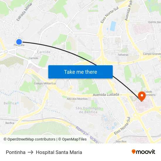 Pontinha to Hospital Santa Maria map