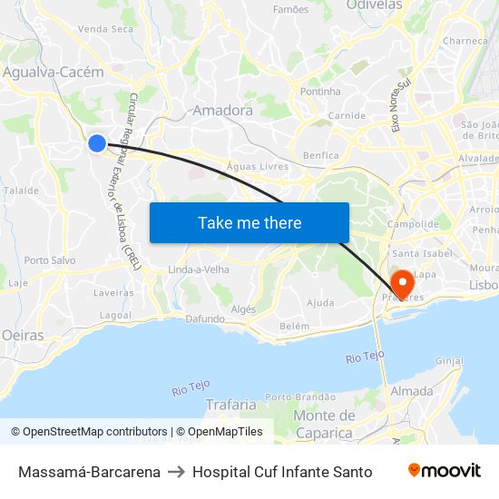 Massamá-Barcarena to Hospital Cuf Infante Santo map
