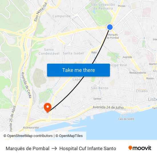 Marquês de Pombal to Hospital Cuf Infante Santo map