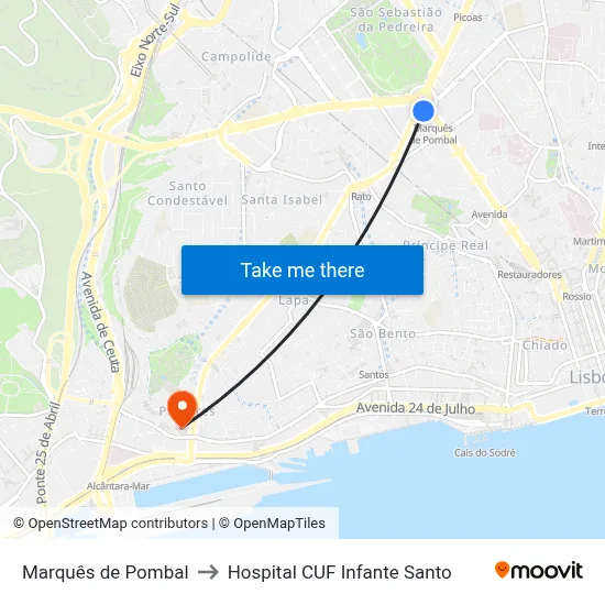 Marquês de Pombal to Hospital CUF Infante Santo map