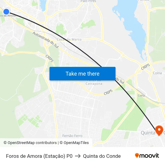 Foros de Amora (Estação) P0 to Quinta do Conde map