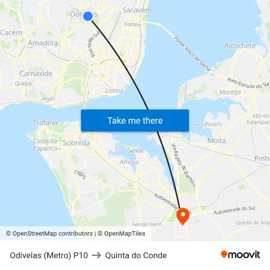 Odivelas (Metro) P10 to Quinta do Conde map