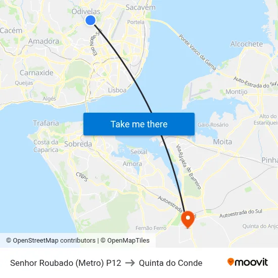 Senhor Roubado (Metro) P12 to Quinta do Conde map