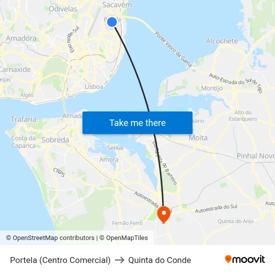 Portela (Centro Comercial) to Quinta do Conde map