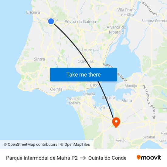 Parque Intermodal de Mafra P2 to Quinta do Conde map