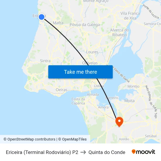 Ericeira (Terminal Rodoviário) P2 to Quinta do Conde map