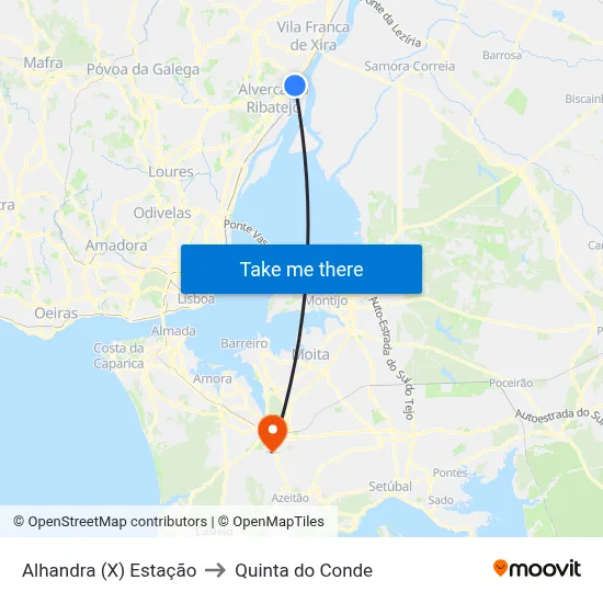 Alhandra (X) Estação to Quinta do Conde map