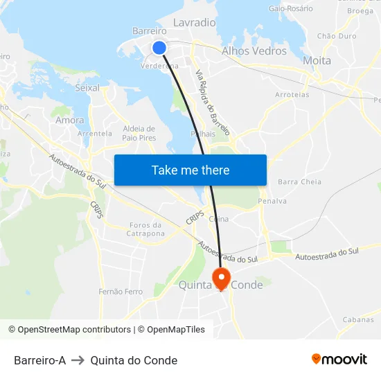 Barreiro-A to Quinta do Conde map