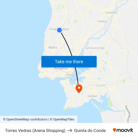Torres Vedras (Arena Shopping) to Quinta do Conde map