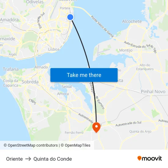Oriente to Quinta do Conde map