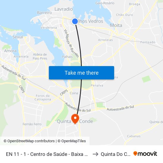 EN 11 - 1 - Centro de Saúde - Baixa da Banheira to Quinta Do Conde map