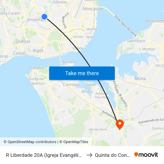 R Liberdade 20A (Igreja Evangélica) to Quinta do Conde map