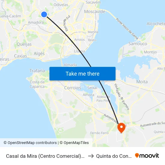 Casal da Mira (Centro Comercial) P5 to Quinta do Conde map
