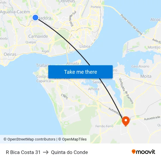 R Bica Costa 31 to Quinta do Conde map