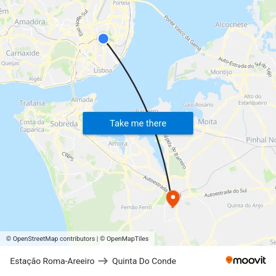 Estação Roma-Areeiro to Quinta Do Conde map
